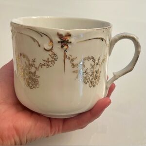 Antique LARGE White Porcelain MOUSTACHE MUSTACHE Mug Gold Accents 3.5” H.